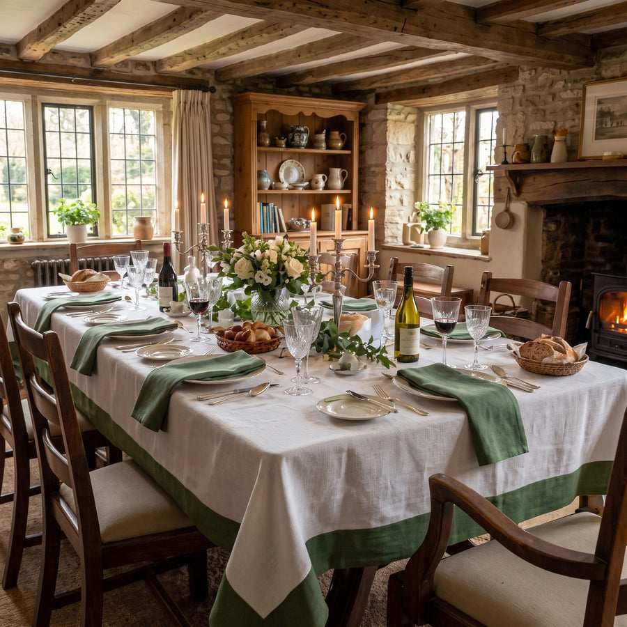 White linen tablecloth with green border and matching napkins in a cottage dining room