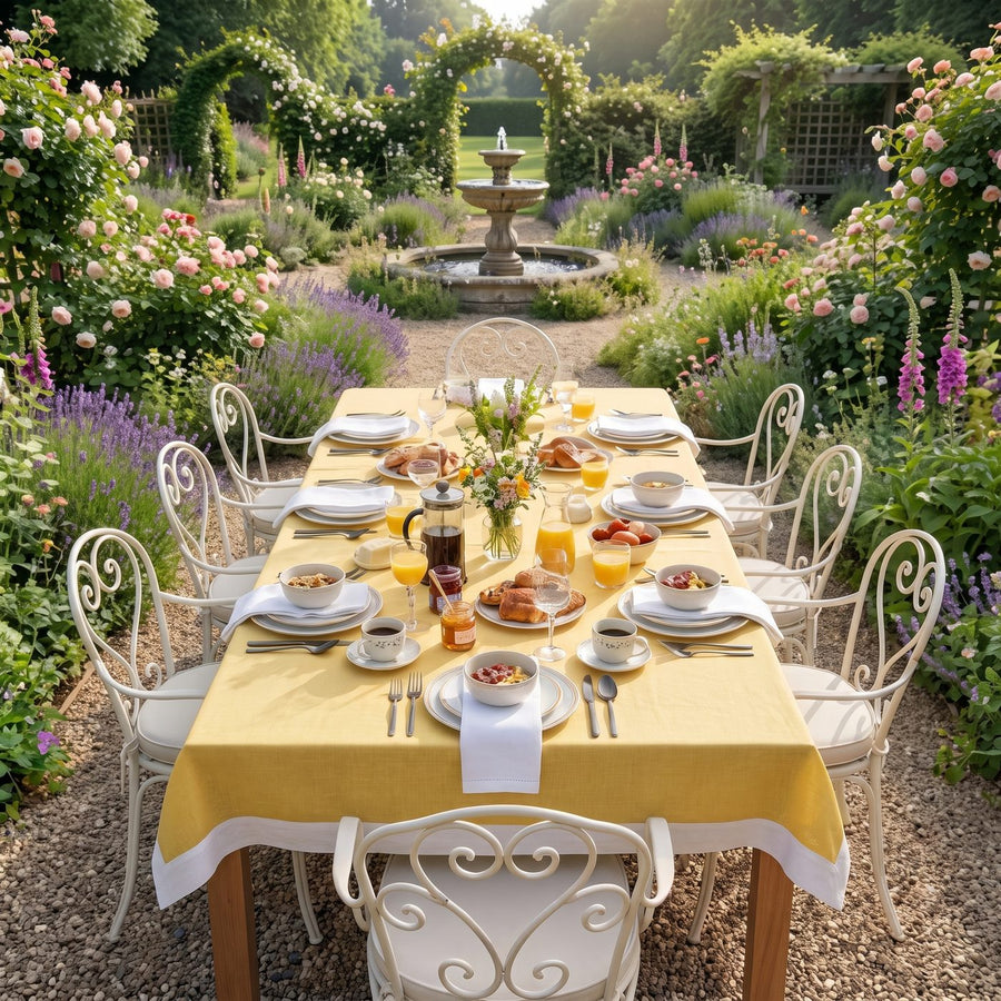 Bespoke linen tablecloth in soft yellow with white border, garden breakfast