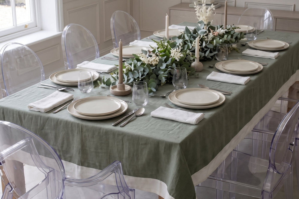 Bespoke linen tablecloth with border, set for dinner