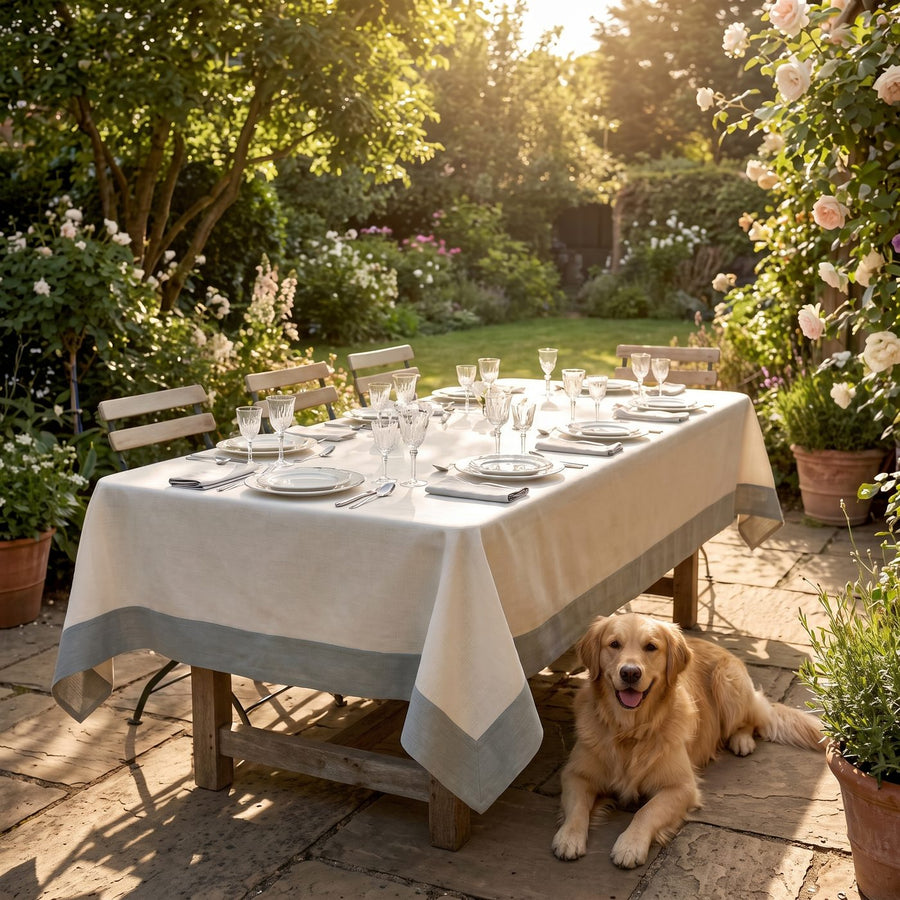 White linen tablecloth with pale grey border on a sunny patio, golden retriever beside